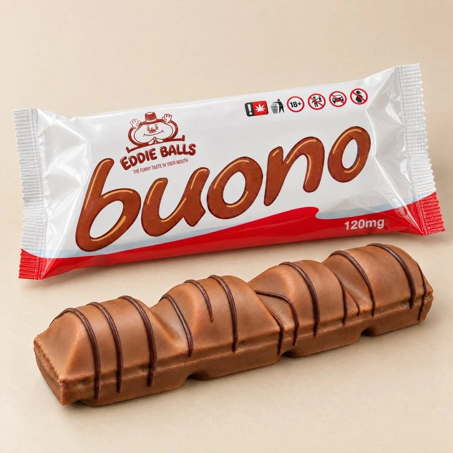 Barre chocolat Eddie Balls Buono en situation, fond coloré