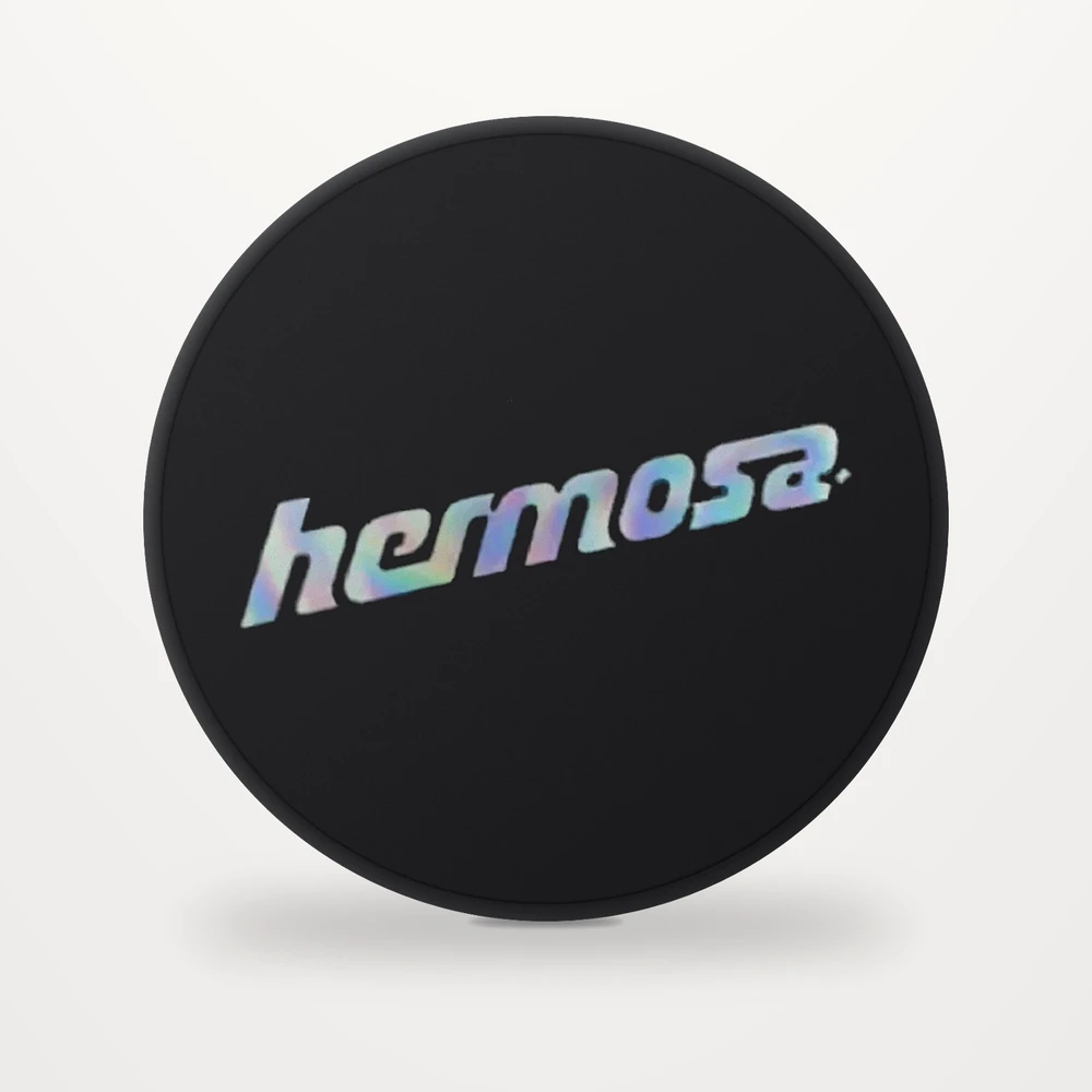 Grinder métal 4 parties noir Hermosa, vue de dessus avec logo holographique sur le couvercle